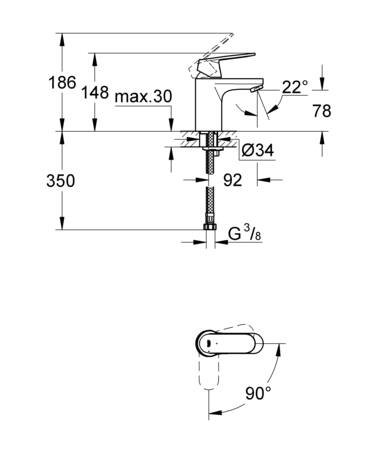Grohe Eurosmart Cosmopolitan, Wastafelmengkraan, S-size, ES, eengreeps, 1-gats, 148mm hoogte, glad, 92mm uitloop, vast, chroom thumbnail 4