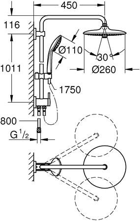 Grohe Vitalio Joy, Douchesysteem, wand, eengreeps, omstelinrichting, 260mm hoofddouche, 450mm arm, chroom thumbnail 4