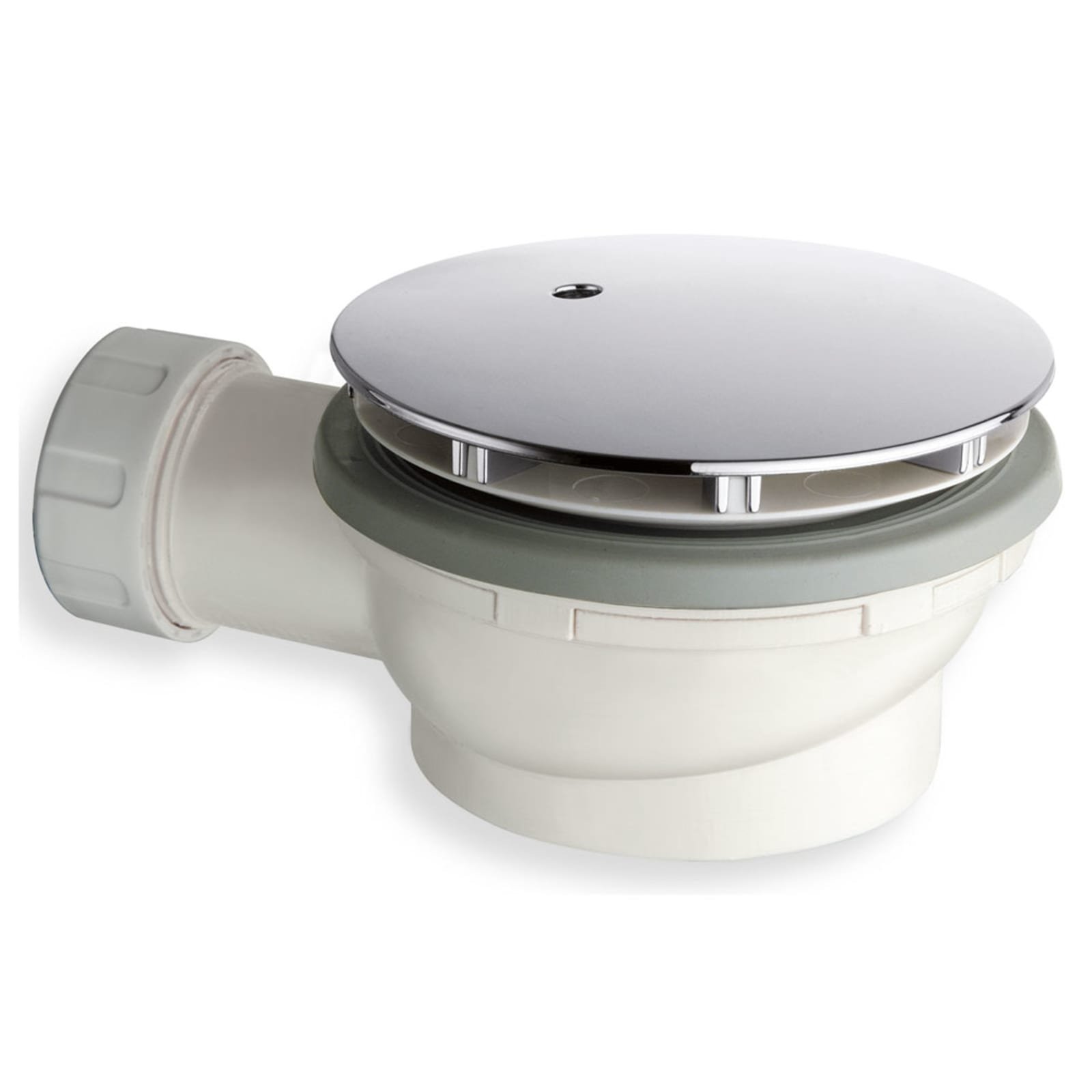 Douchebakafvoerplug compact Ø90 mm polypropyleen, afdekplaat chroom Ø120 mm en uitneembare sifonaansluiting Ø40 mm knel