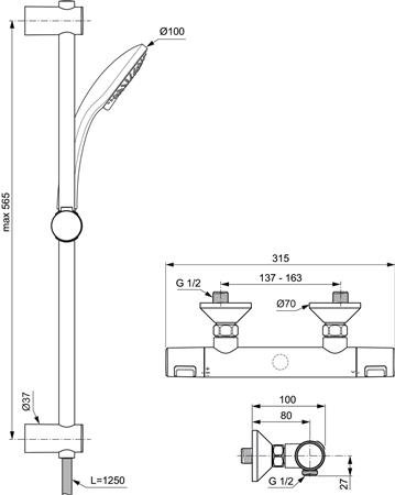 Ideal Standard Ceratherm T25 douchetherm met IdealRain 100mm handdouche, doucheslang 1250, glijstang 600mm, chroom