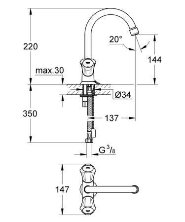 Grohe Costa L, Wastafelmengkraan, ketting, tweegreeps, 1-gats, 220mm hoogte, 137mm uitloop, draaibaar, chroom