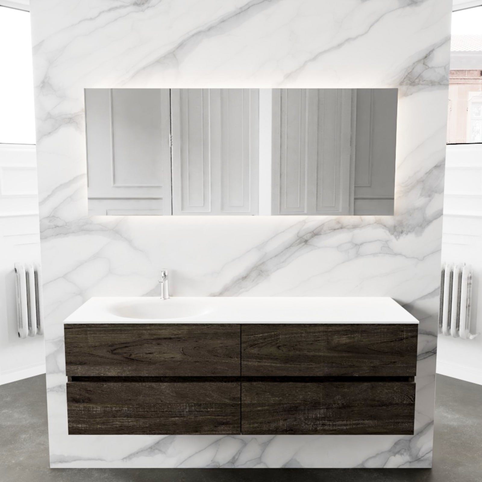 Blue Label Annika onderbouwkast, Solid Surface wastafel Moon links, 4x lade, 1x kraangat, 1500x500x450mm (BxHxD), hout donkerbruin