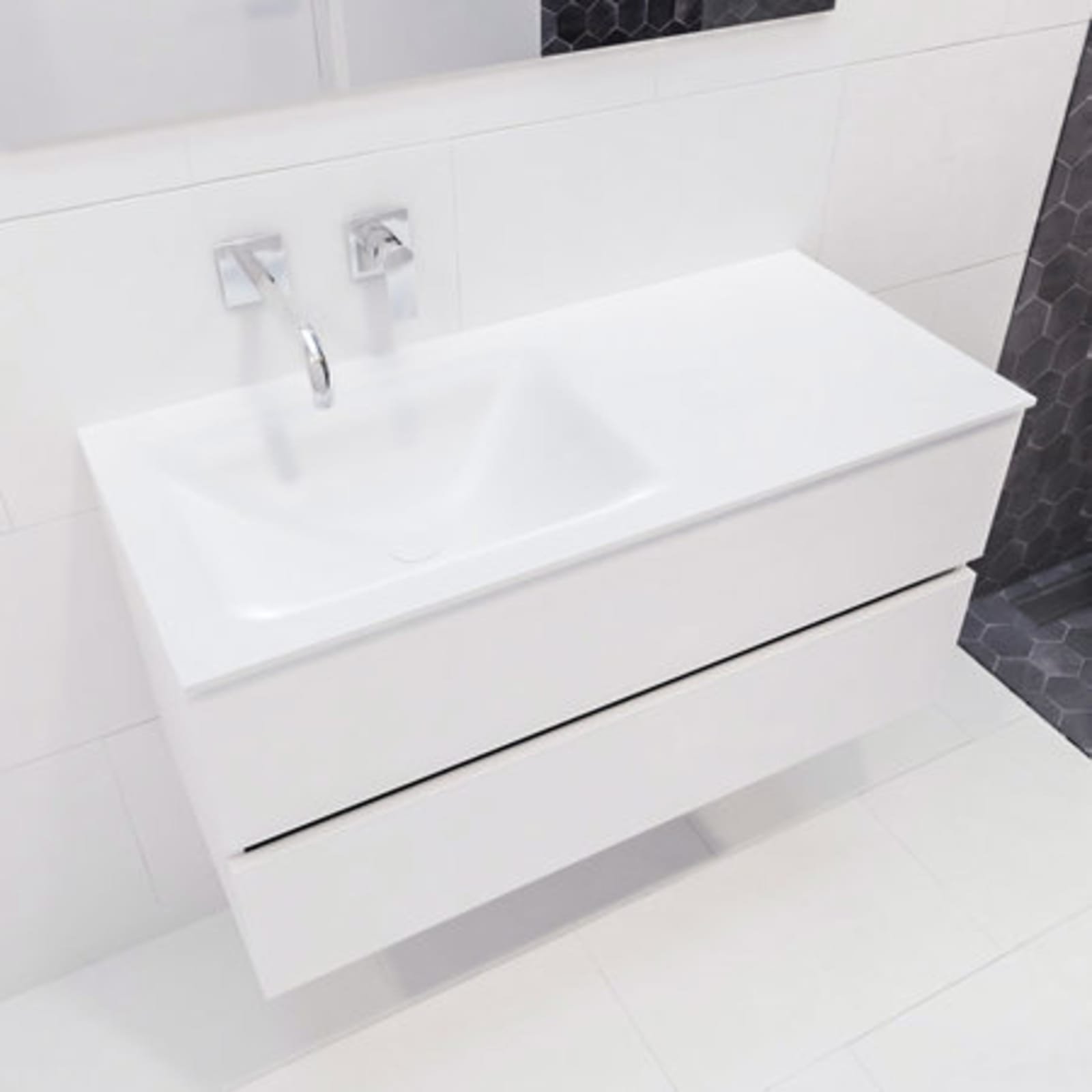 Blue Label Annika onderbouwkast, Solid Surface wastafel Cloud, links, 2x lade, geen kraangat, 1000 x 500 x 450mm (BxHxD), mat wit