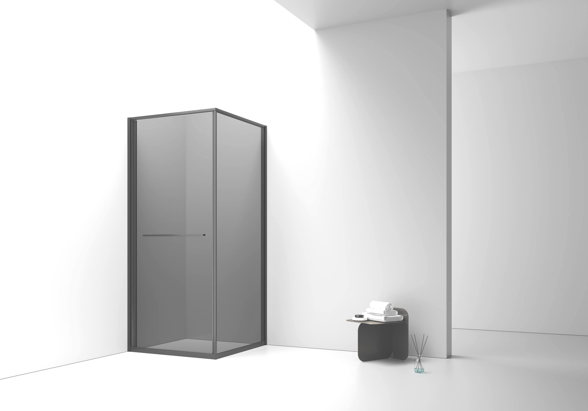 INSLIDE DOUCHECABINE - NAAR BINNEN OPENENDE SCHUIFDEUR EN ZIJWAND - RUIMTEBESPAREND - OMKEERBAAR - 6MM VEILIGHEIDSGLAS - 90X90X200 CM - MAT ZWART - GRIJS ROOKGLAS