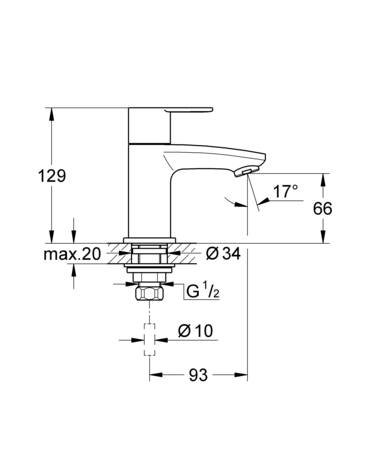 Grohe Eurostyle Cosmopolitan, Toiletkraan, XS-size, eengreeps, 1-gats, bovendeel keramisch, 129mm hoogte, 93mm uitloop, vast, chroom