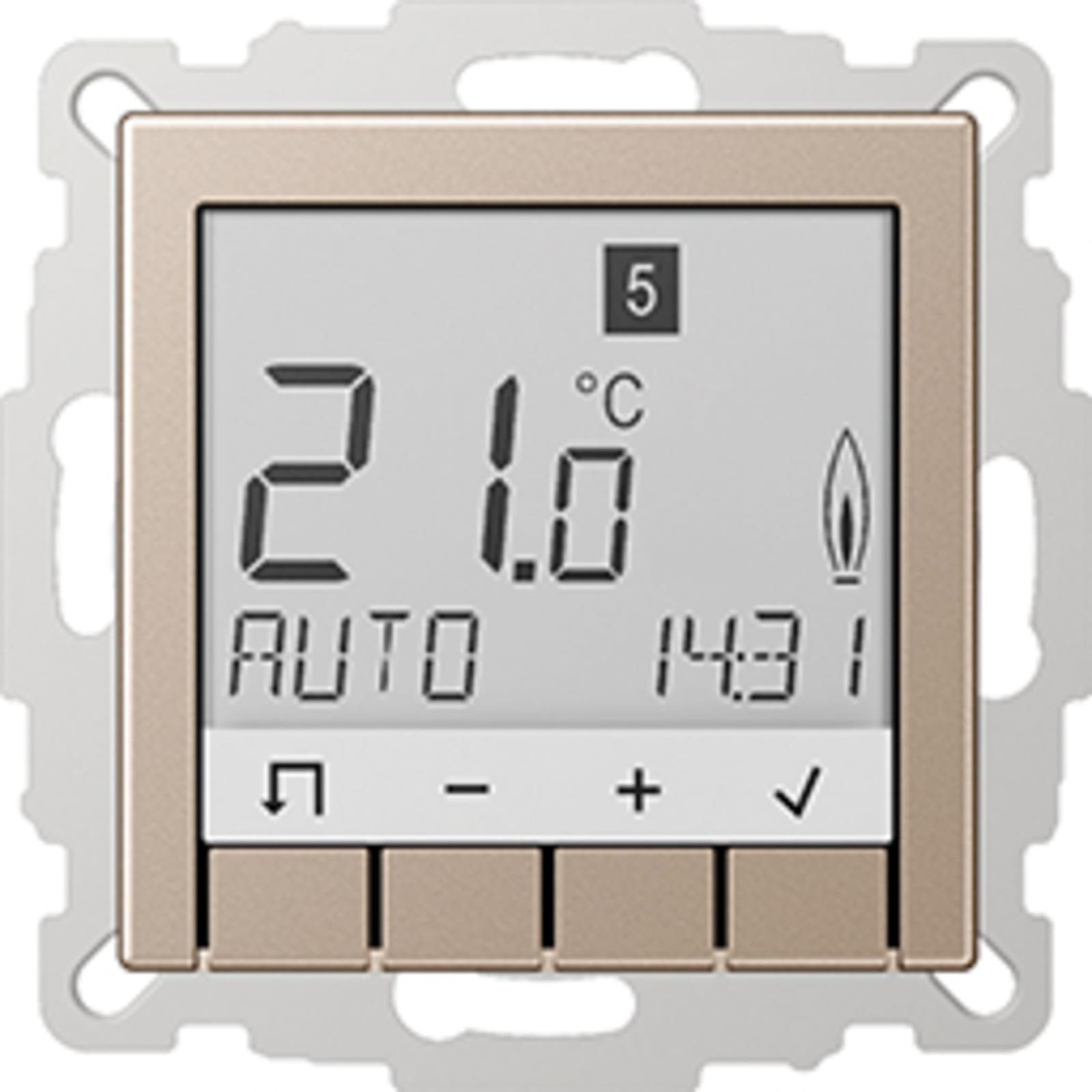 Jung A500 ruimtethermostaat, inbouw, 2-draads, 0.01A, 230VAC, uitgangen verwarming: 1, met display, hxb 55x55mm, champ