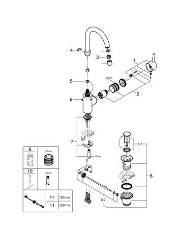 Grohe Concetto New, Wastafelmengkraan, L-size, trekwaste, eengreeps, 1-gats, 301mm hoogte, 153mm uitloop hoog, draaibaar, chroom