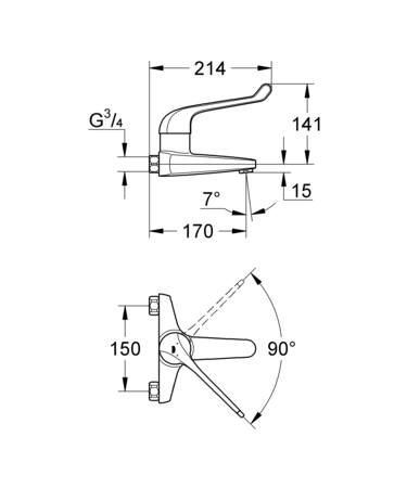 Grohe Eurosmart Care, Wastafelmengkraan, wand, eengreeps, 2-gats, cartouche keramisch, 141mm hoogte, 177mm uitloop, vast, chroom