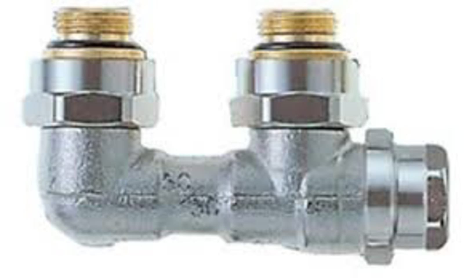 Heimeier H-onderblok, haaks, brons, vernikkeld, 1/2" binnendraad, 3/4" Euroconus, tweepijp, hartafstand 50mm, lengte 38.5mm