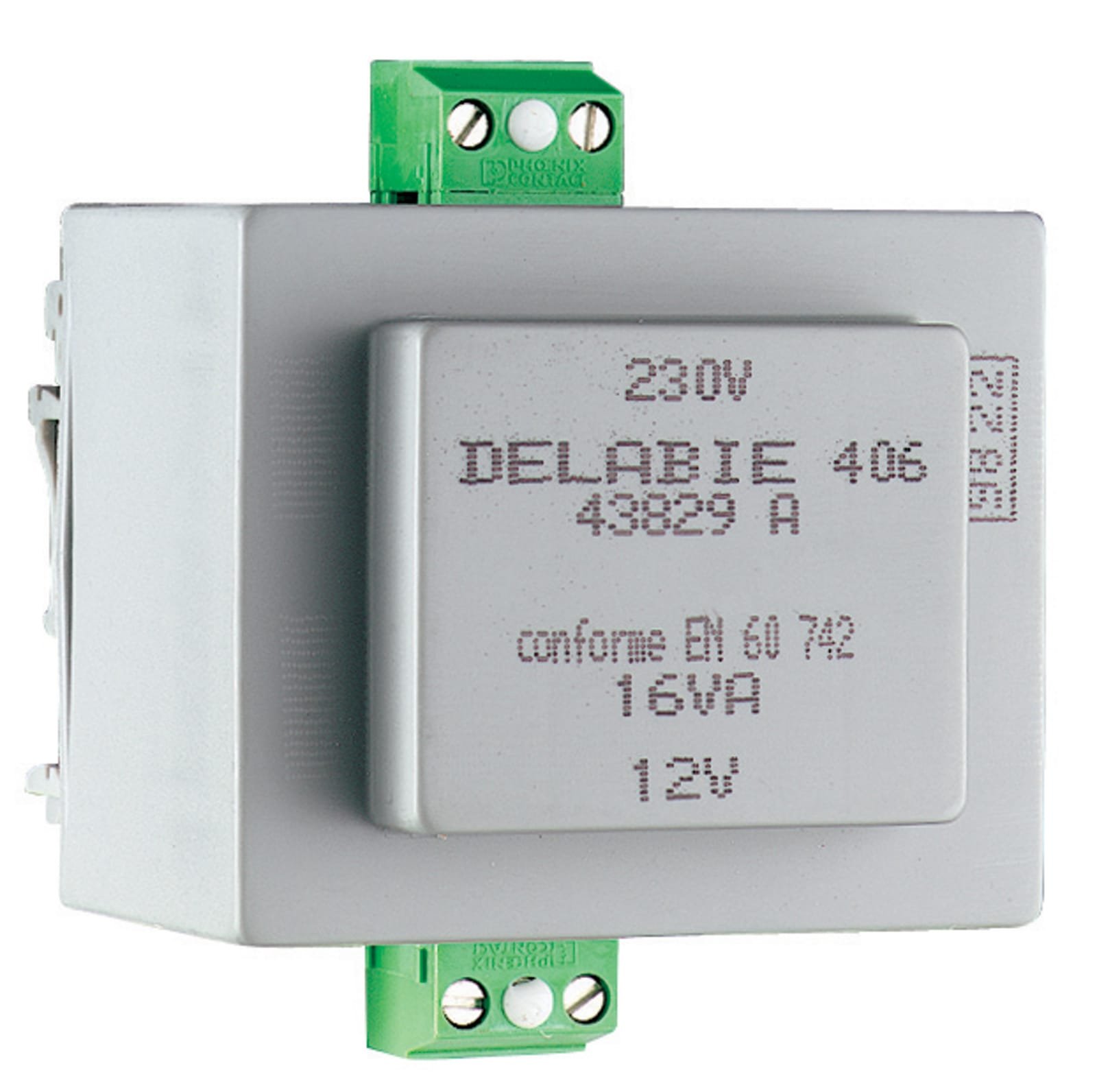 Transformator 230/12V z. beschermdoos, aanpasb. op DIN rail