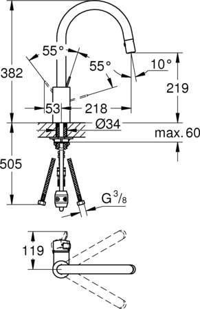 Grohe Euroeco, Wastafelmengkraan, wand, eengreeps, 2-gats, cartouche keramisch, 164mm hoogte, 197mm