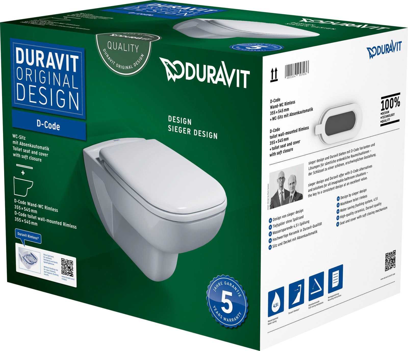 Duravit D-Code Pack, wandcloset closetcombinatie, PK, softclose zitting, hoogglans, hxbxd 410x359x545mm, glanzend wit
