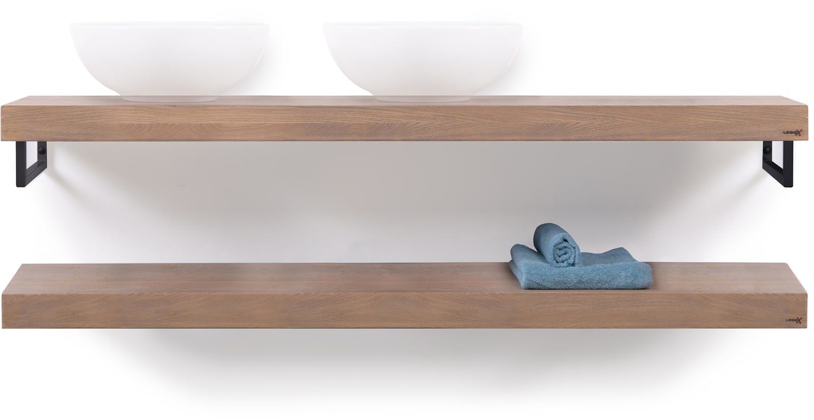 LoooX Wooden Base Shelf Duo 160 cm, eiken 'old grey' handdoekhouders mat zwart