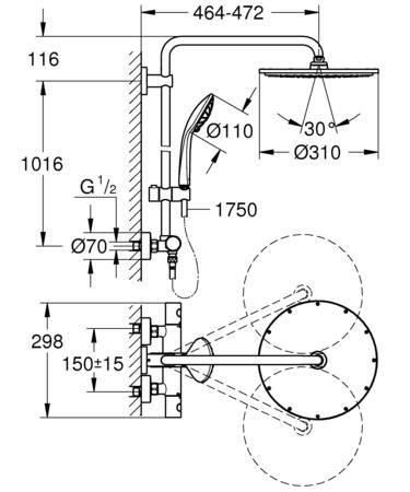 Grohe Euphoria systeem 310, Douchethermostaat, met douchesysteem, wand, tweegreeps, 2-gats, 150mm hart, cool sunrise thumbnail 4