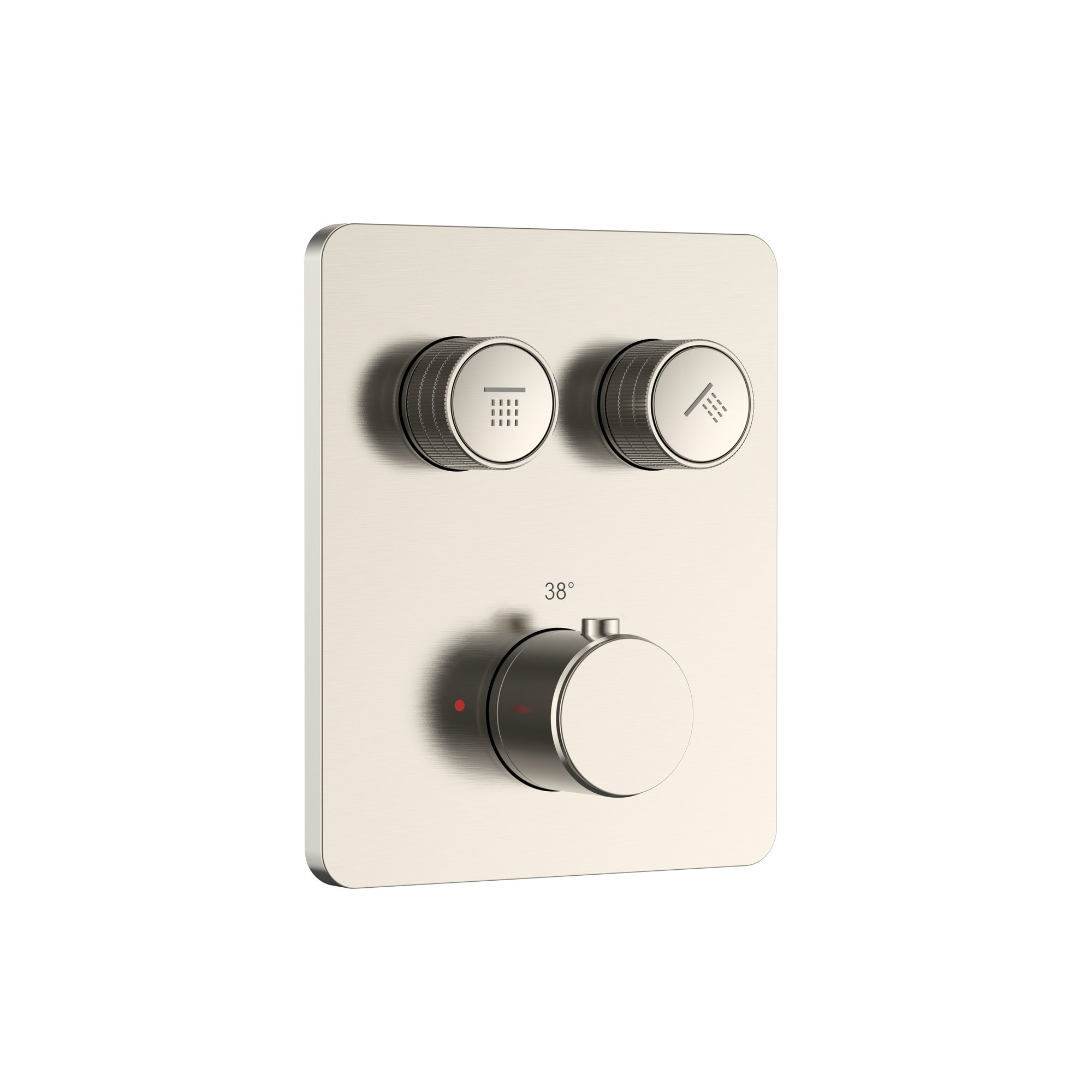 STRIA DOUCHEMENGKRAAN - 2 WEG - THERMOSTATISCH - DRUKNOPPEN MET VERFIJNDE RIBBELSTRUCTUUR - MET INBOUWBOX EN AFBOUWDEEL - RECHTHOEKIG - BELGAQUA - GEBORSTELD RVS