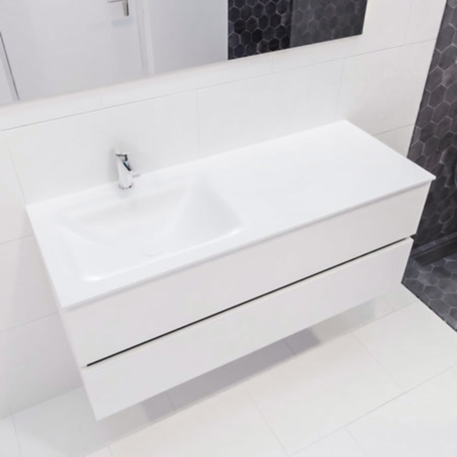 Blue Label Annika onderbouwkast, Solid Surface wastafel Cloud, links, 2x lade, 1x kraangat, 1200 x 500 x 450mm (BxHxD), mat wit