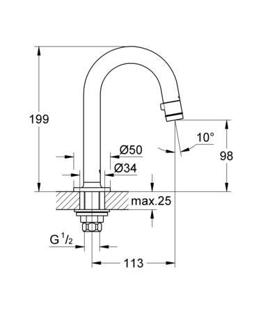 Grohe Universal, Toiletkraan, draaimechanisme, 1-gats, bovendeel keramisch, 199mm hoogte, 113mm voorsprong C-uitloop, vast, chroom