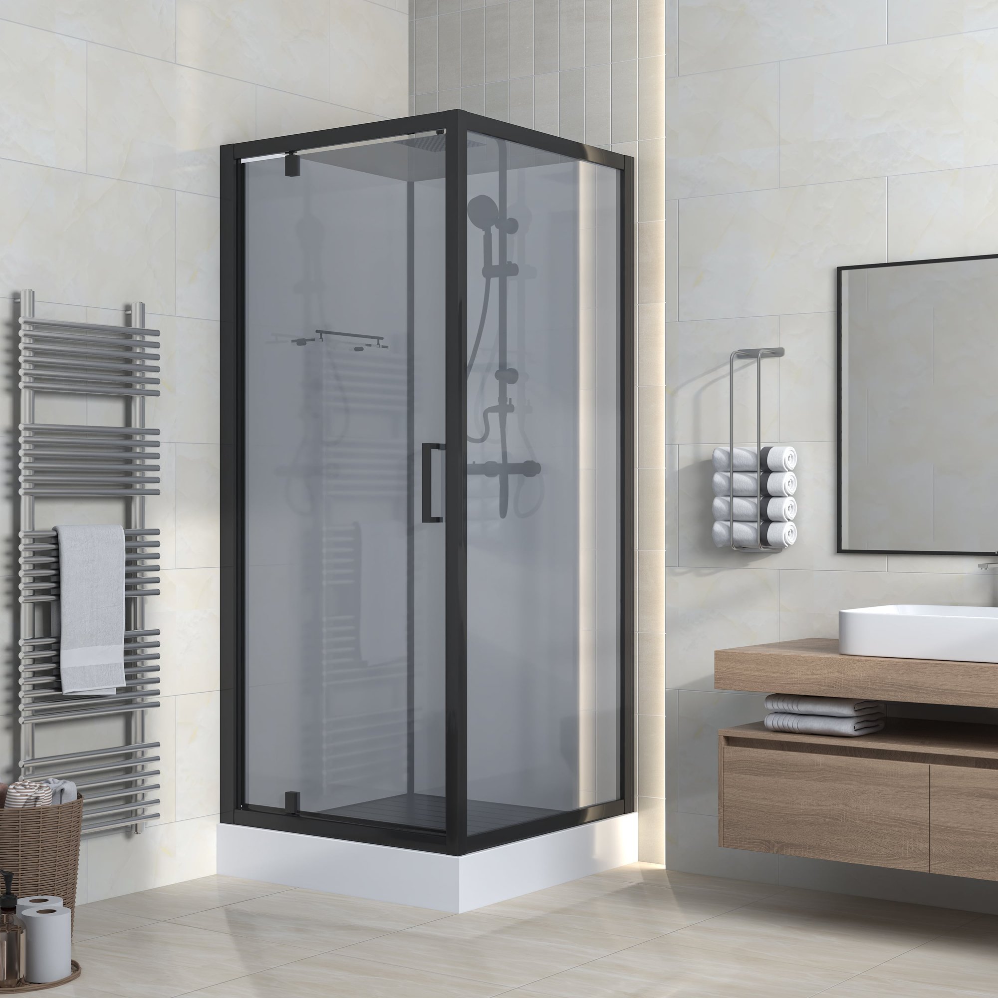 MARANI COMPLETE DOUCHECABINE MET DRAAIDEUR - OMKEERBAAR - 90X225X90 CM - MAT ZWART - GRIJS ROOKGLAS