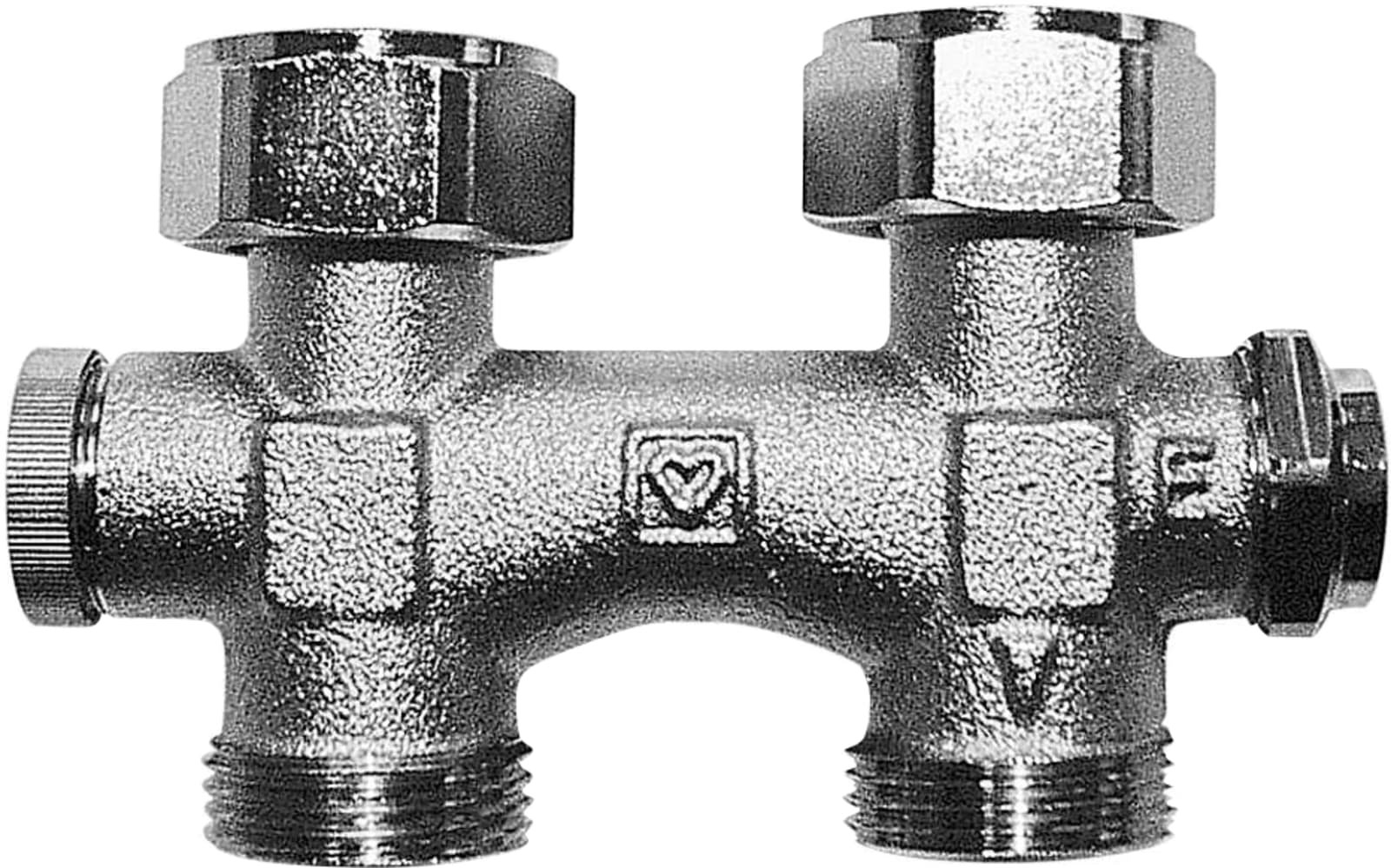 Herz H-onderblok, recht, messing, vernikkeld, 3/4" buitendraad, 3/4" Euroconus, éénpijp, hartafstand 50mm, lengte 62.5mm