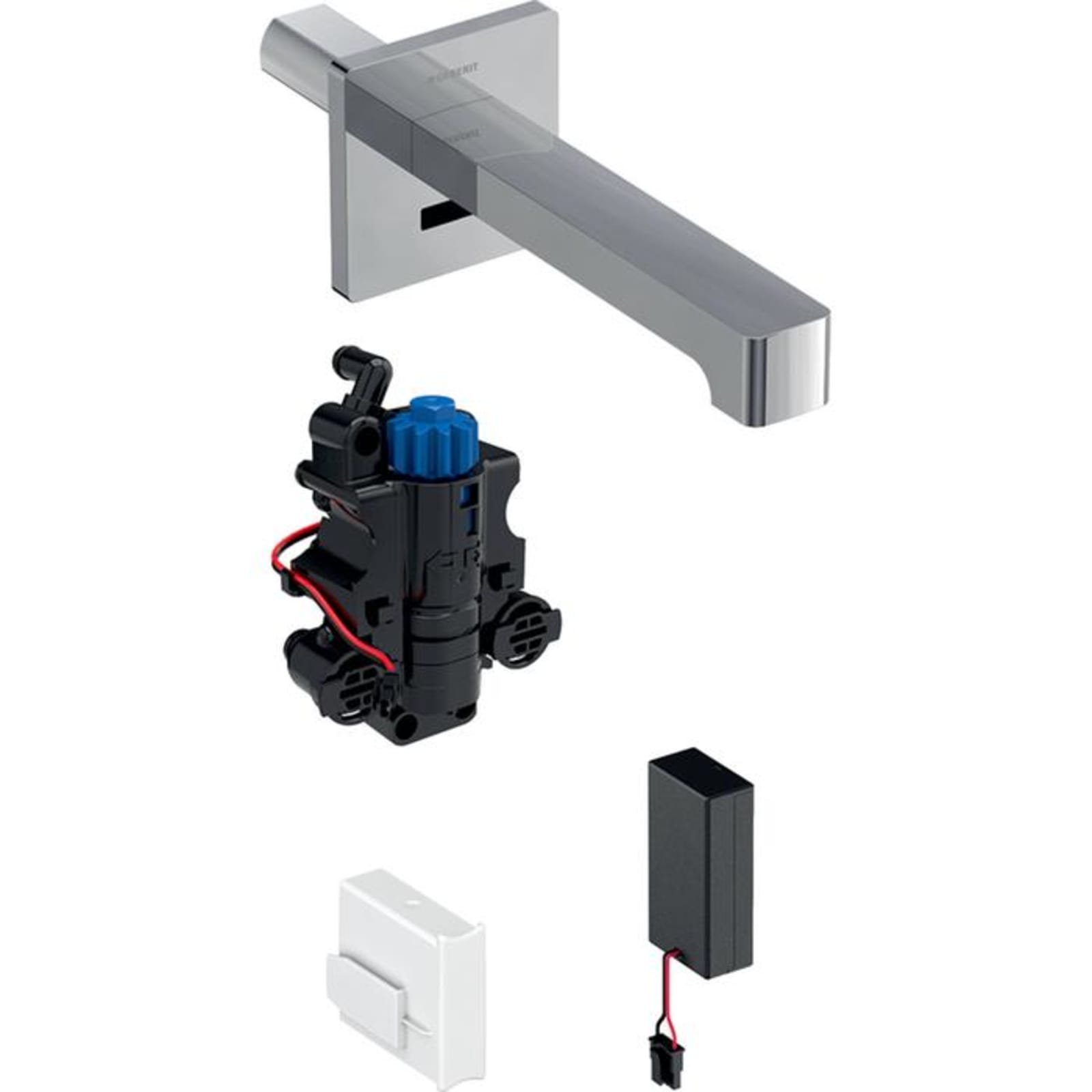 Geberit Brenta wastafelkraan thermostatisch en batterijvoeding, voor inbouw-functiebox, wandmontage 22cm. Glanschroom