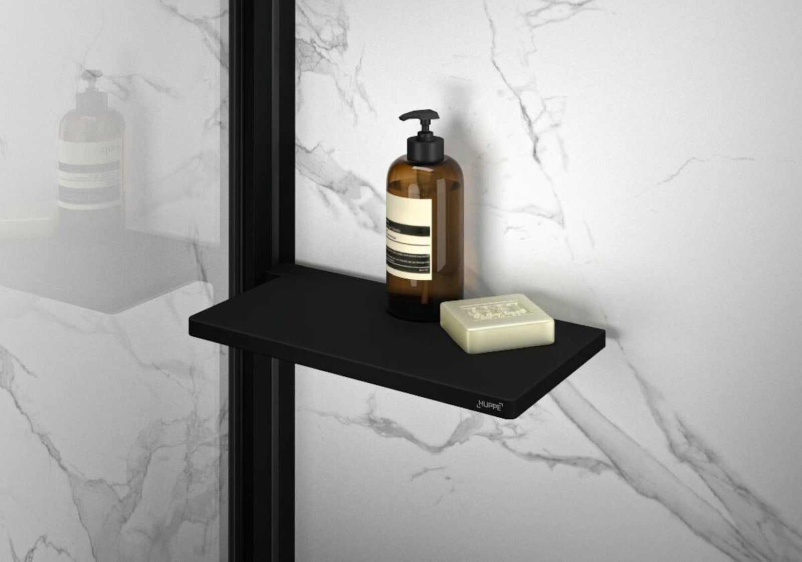Huppe Select+, Tablet, vlak design, eenvoudige reiniging, monteren zonder boren, biedt plaats voor douchespullen, zwart editie