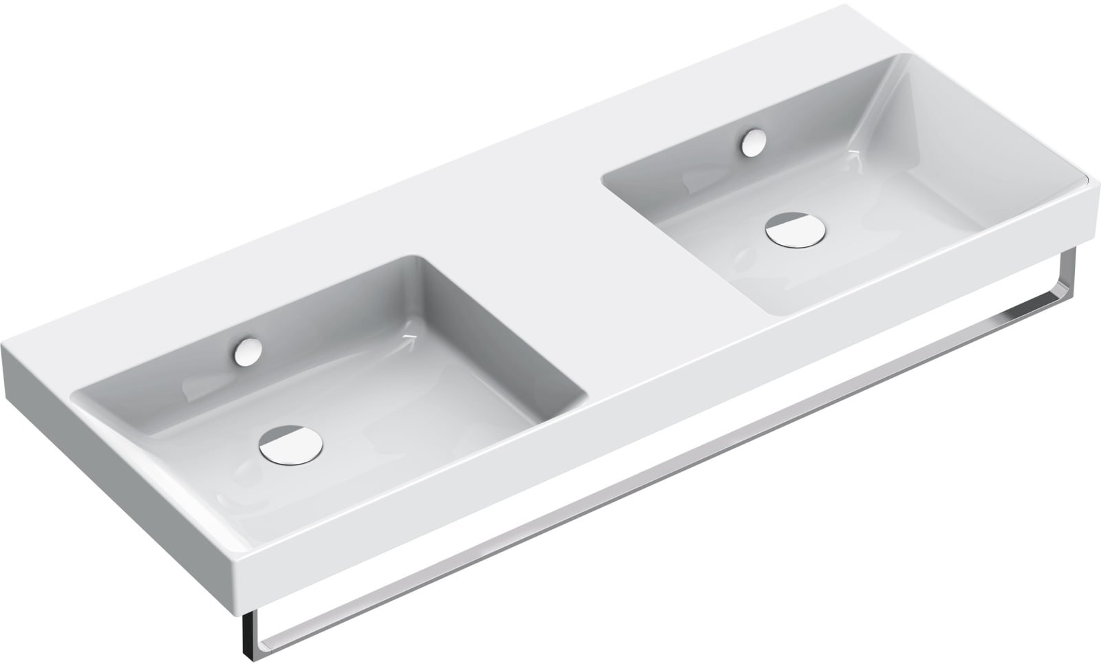Catalano Zero dubbele wastafel, wand/ ingeb/ sit-on. Antibac, voorzien voor 3 kraangaten op beiden kuip, m overloop. 125x50 cm, wit
