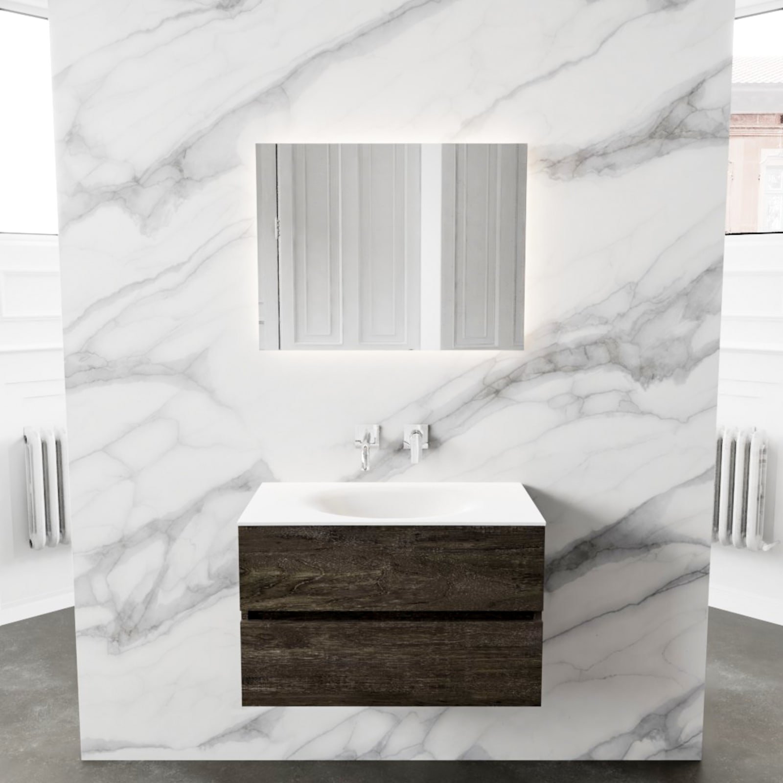 Blue Label Annika onderbouwkast, Solid Surface wastafel Moon, midden, 2x lade, geen kraangat, 800x500x450mm (BxHxD) hout donkerbruin