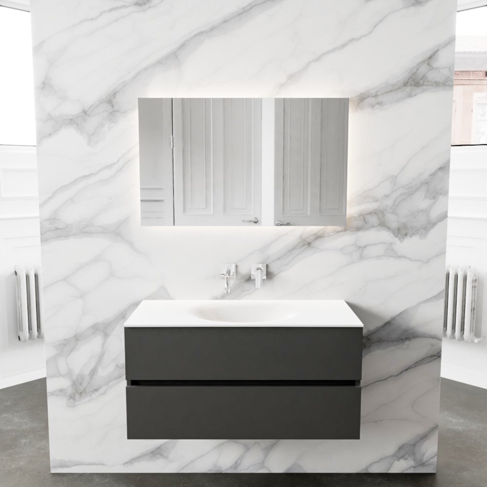 Blue Label Annika onderbouwkast, Solid Surface wastafel Moon, midden, 2x lade, geen kraangat, 1000 x 500 x 450mm (BxHxD), antraciet