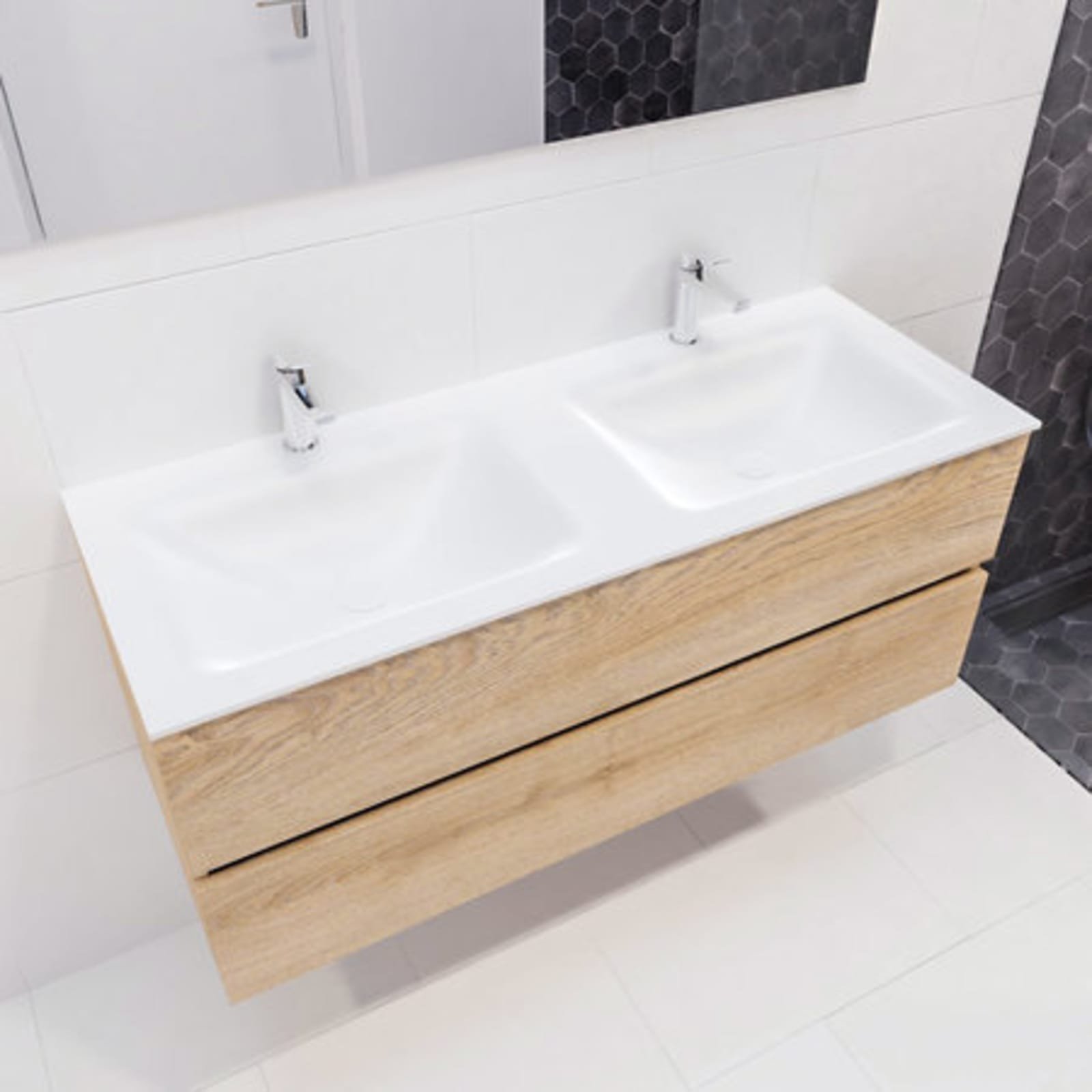 Blue Label Annika onderbouwkast, Solid Surface wastafel Cloud, dubbel, 2x lade,2x kraangat, 1200x500x450mm (BxHxD) hout gewassen eik