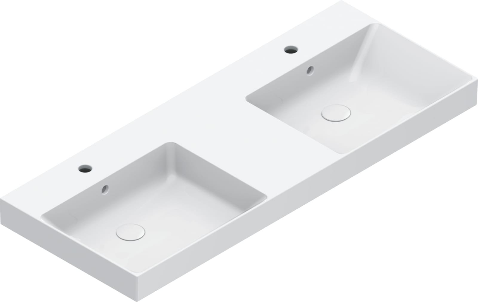 Catalano Zero dubbele wastafel, wand/ ingeb/ sit-on. Antibac, 2 kraang, voorzien v 3 kraang beiden kuip, m overloop. 125x50 cm, wit