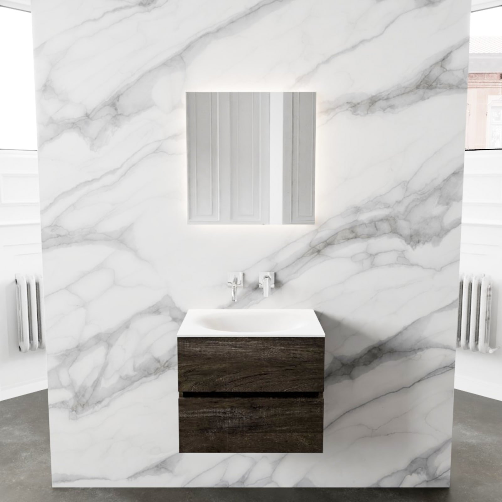Blue Label Annika onderbouwkast, Solid Surface wastafel Moon, midden, 2x lade,geen kraangat, 600x500x450mm (BxHxD), hout donkerbruin
