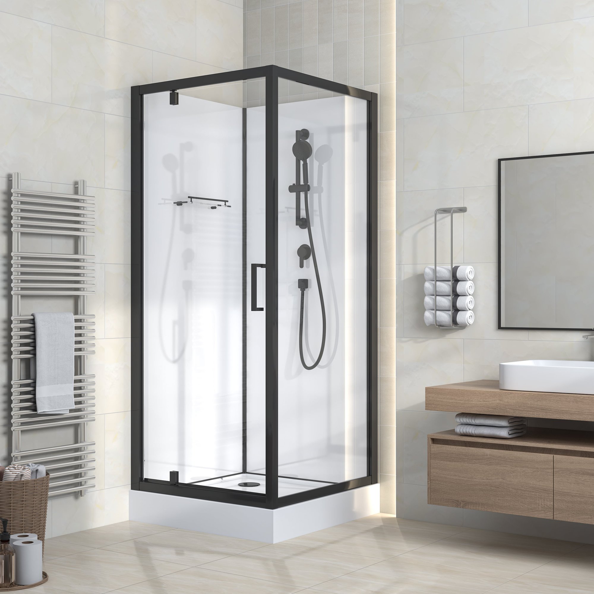 RIMO COMPLETE DOUCHECABINE MET DRAAIDEUR - OMKEERBAAR - 80X215X80 CM - MAT ZWART - HELDER GLAS