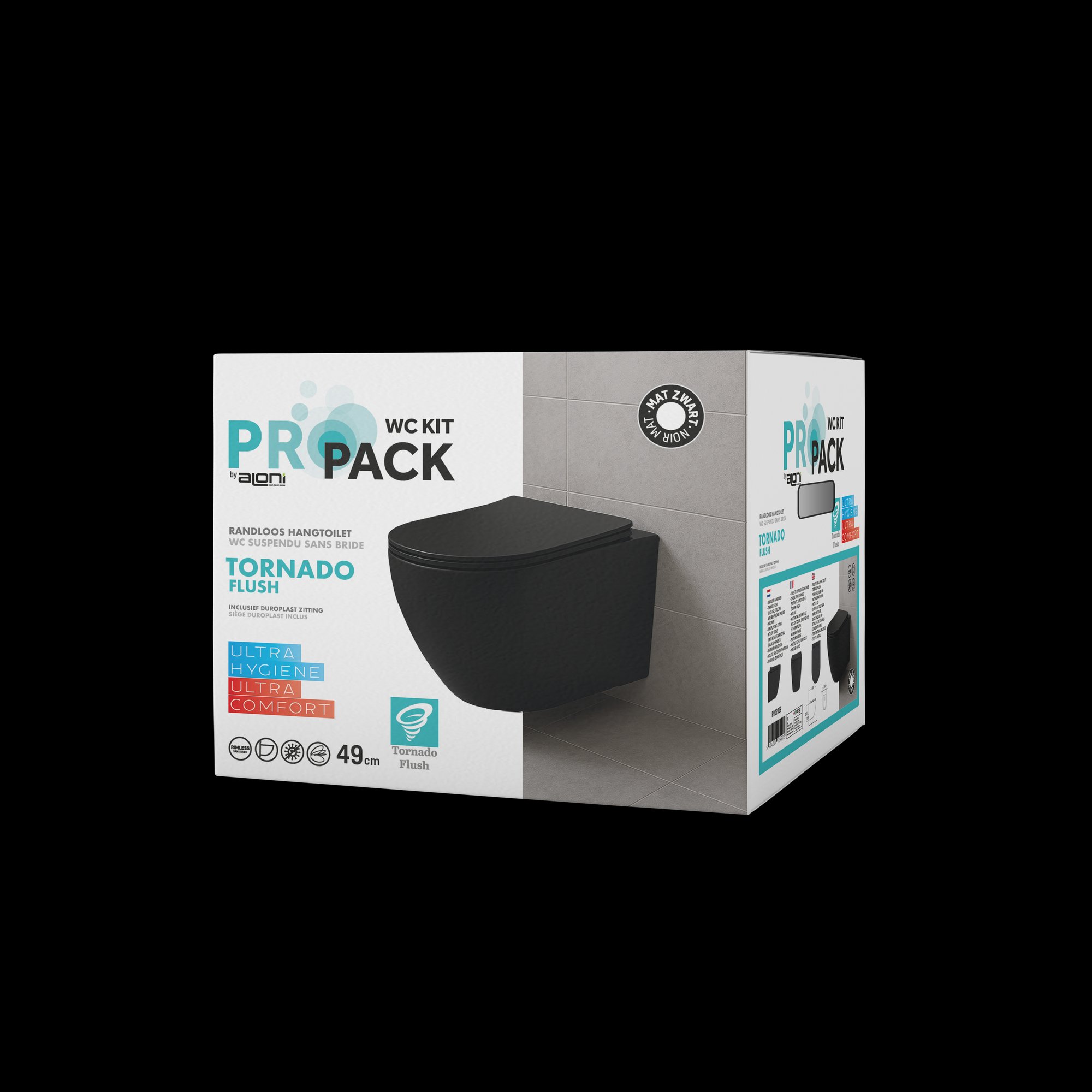 ALONI PRO HANGTOILET - 360° FLUSH - RANDLOOS - MET ZITTING - DUROPLAST - SOFT CLOSE - QUICK RELEASE - COMPACT 49 CM - 36X32X49 CM - MAT ZWART