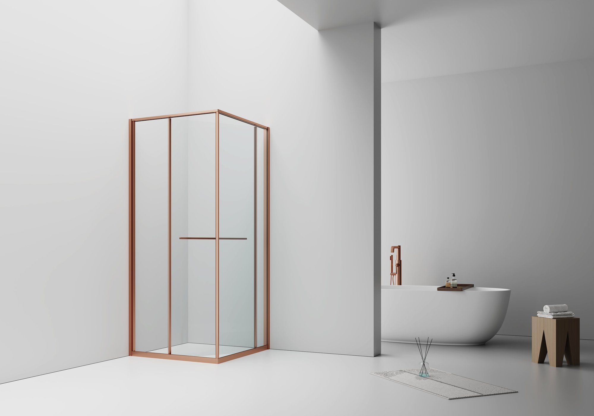 INSLIDE DOUCHECABINE - NAAR BINNEN OPENENDE SCHUIFDEUR EN ZIJWAND - RUIMTEBESPAREND - OMKEERBAAR - 6MM VEILIGHEIDSGLAS - 90X90X200 CM - GEBORSTELD KOPER - HELDER GLAS thumbnail 2