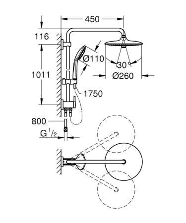 Grohe Euphoria systeem 260, Douchesysteem, wand, eengreeps, omstelinrichting, 260mm hoofddouche, 450mm arm, chroom thumbnail 4