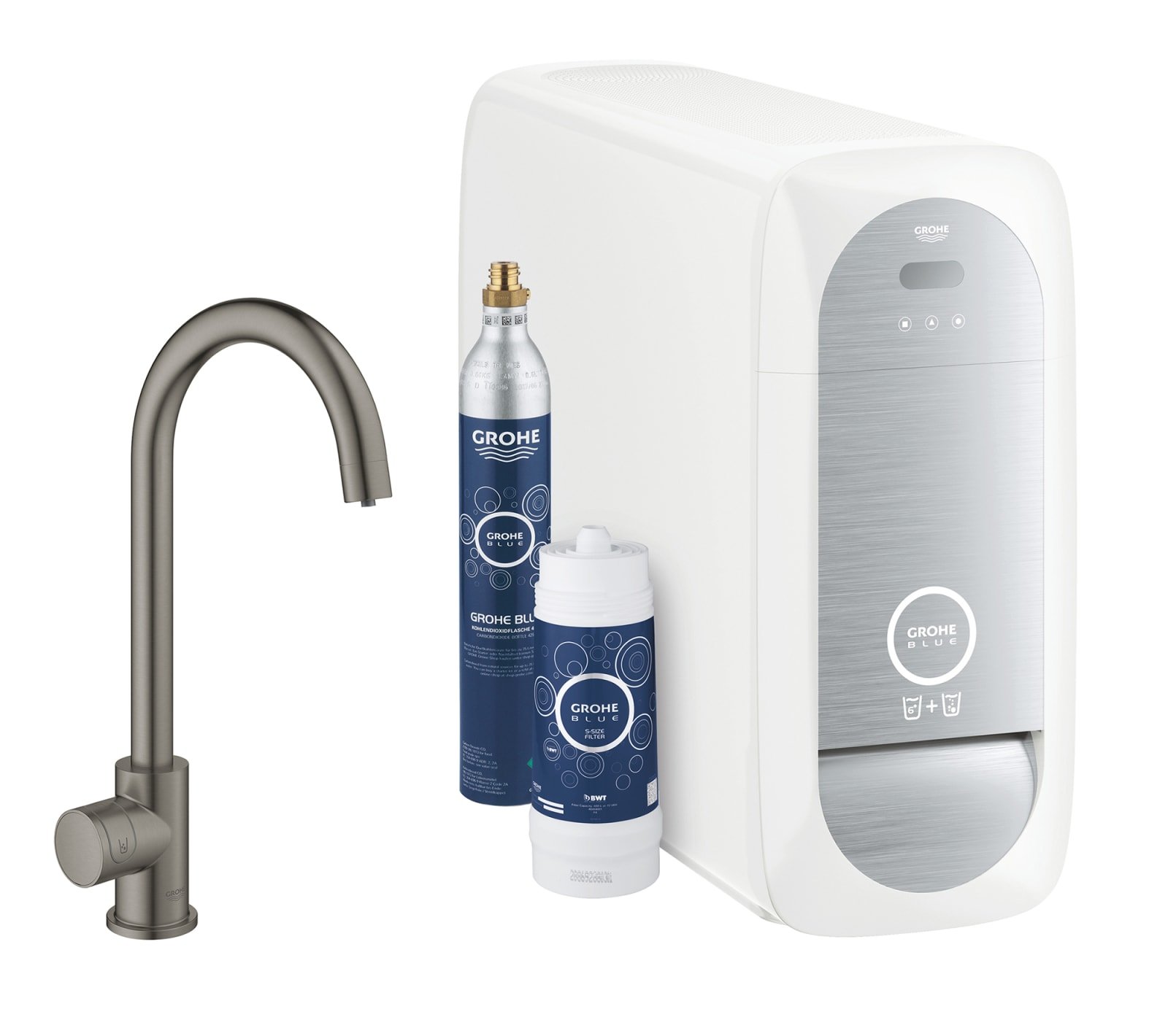 Grohe Blue Home, Keukenkraan starterkit, Mono, WiFi Bluetooth, 153mm C-uitloop, draaibaar, hard graphite geborsteld