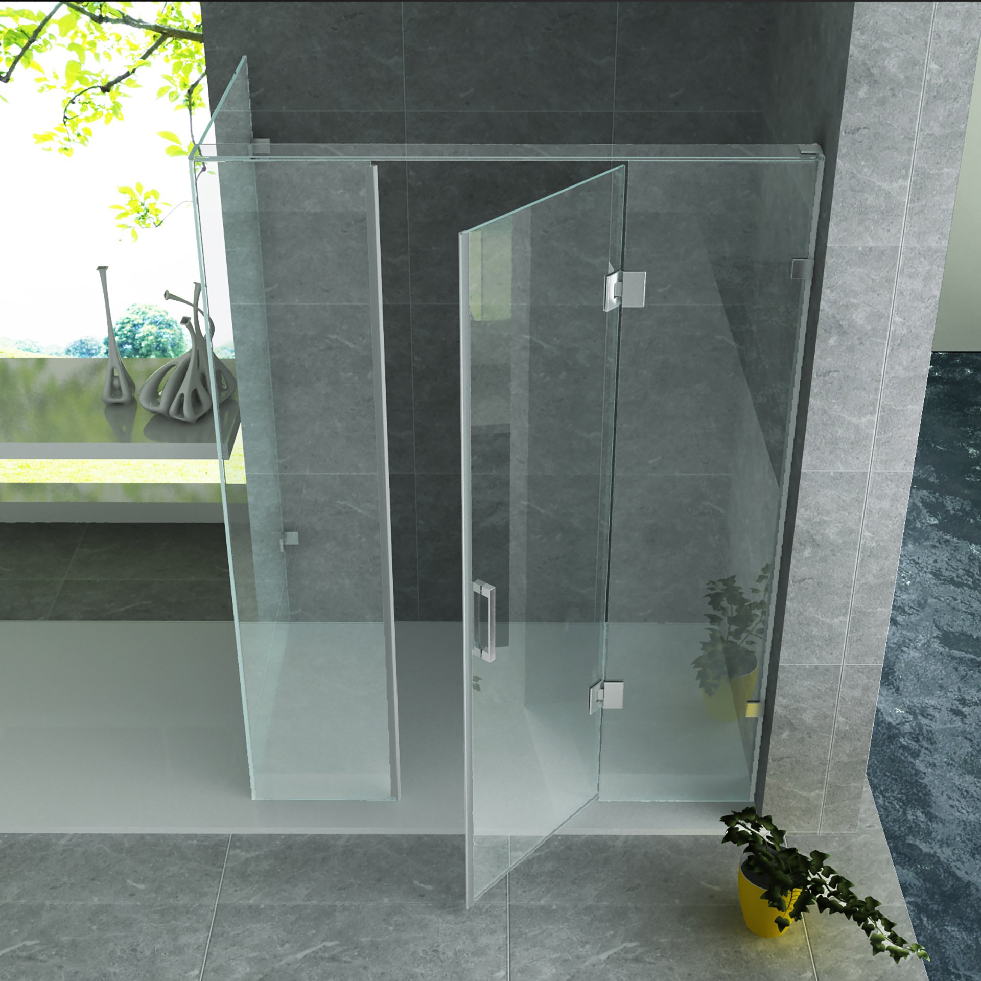 ALONI DOUCHECABINE - DRAAIDEUR, 2 VASTE WANDJES EN ZIJWAND - 900 X 1200 X 1950MM - CHROOM - HELDER GLAS thumbnail 2