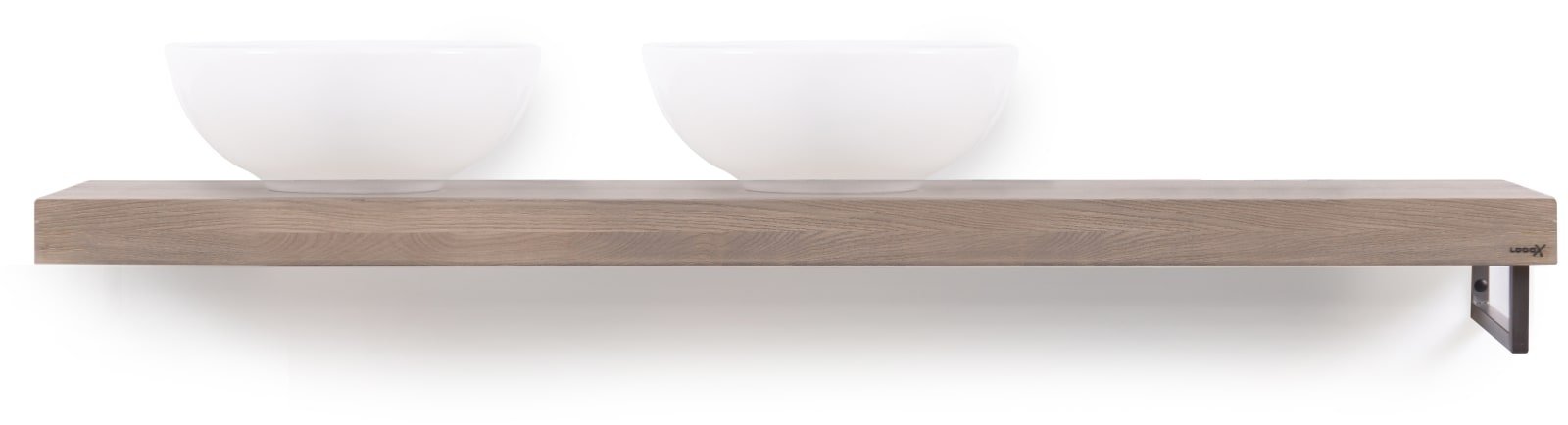 LoooX Wooden Base Shelf Solo X 160 cm, eiken 'old grey' handdoekhouder rechts geborsteld RVS