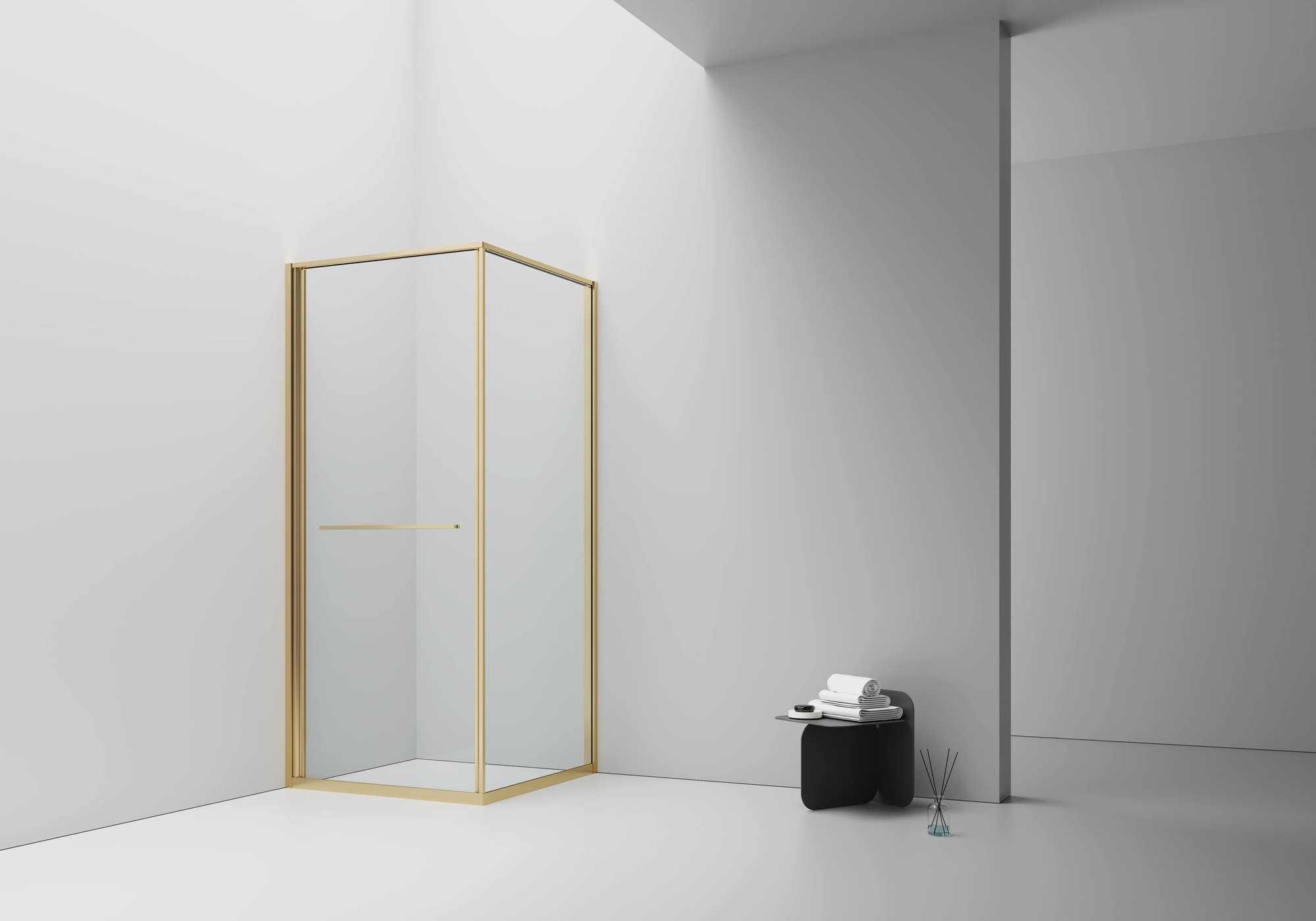 INSLIDE DOUCHECABINE - NAAR BINNEN OPENENDE SCHUIFDEUR EN ZIJWAND - RUIMTEBESPAREND - OMKEERBAAR - 6MM VEILIGHEIDSGLAS - 90X90X200 CM - GEBORSTELD GOUD - HELDER GLAS