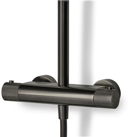 Blue Label Brondby Facet douchesysteem in hoogte verstelbaar, thermostatisch, gekartelde greep, messing hoofddouche 25 cm, gun metal thumbnail 2