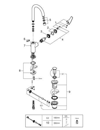 Grohe BauFlow, Wastafelmengkraan, L-size, trekwaste, eengreeps, 1-gats, 310mm hoogte, 90mm uitloop, draaibaar, chroom