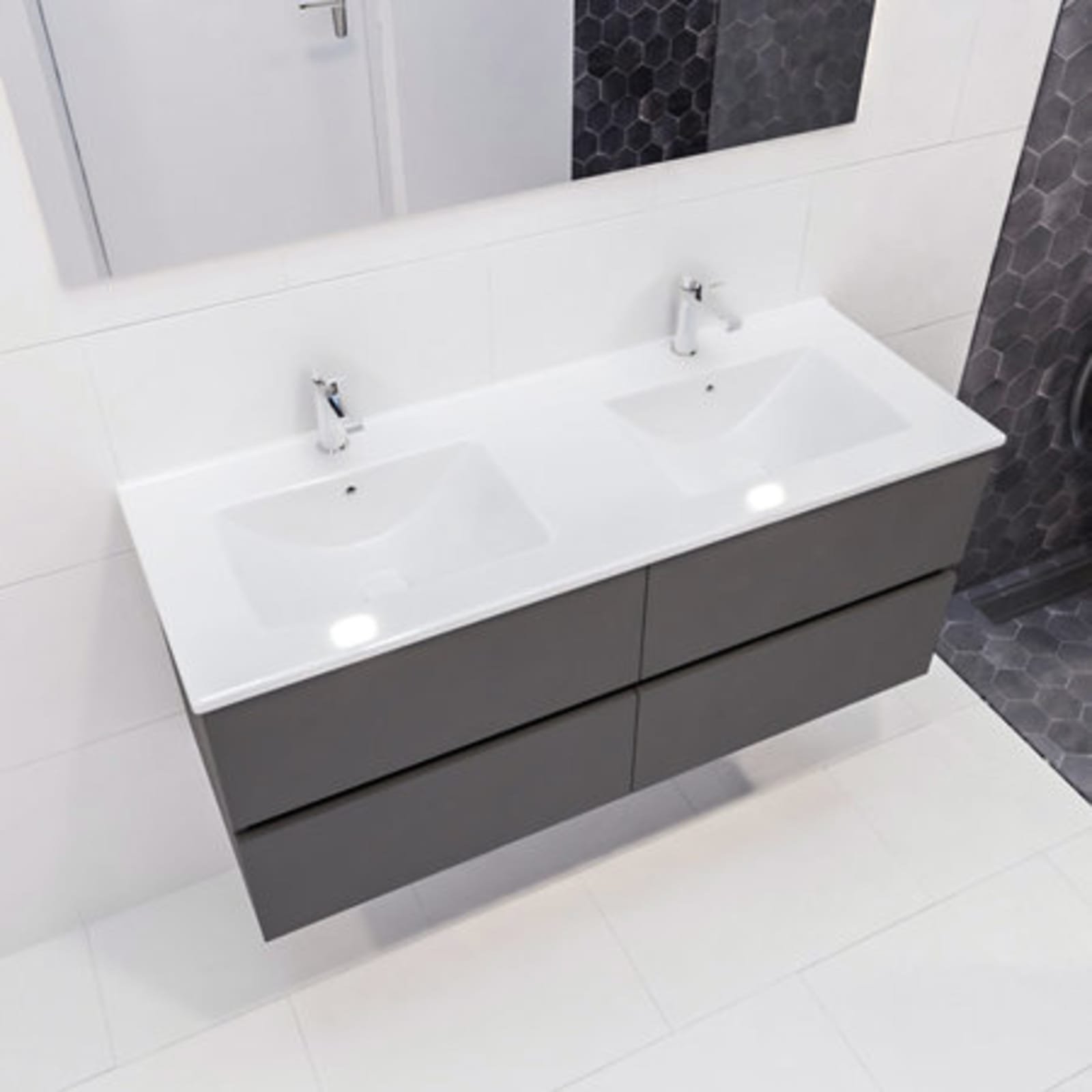 Blue Label Annika onderbouwkast met keramische wastafel Denia dubbel, 4x lade, 2x kraangat, 1200 x 500 x 450mm (BxHxD), antraciet