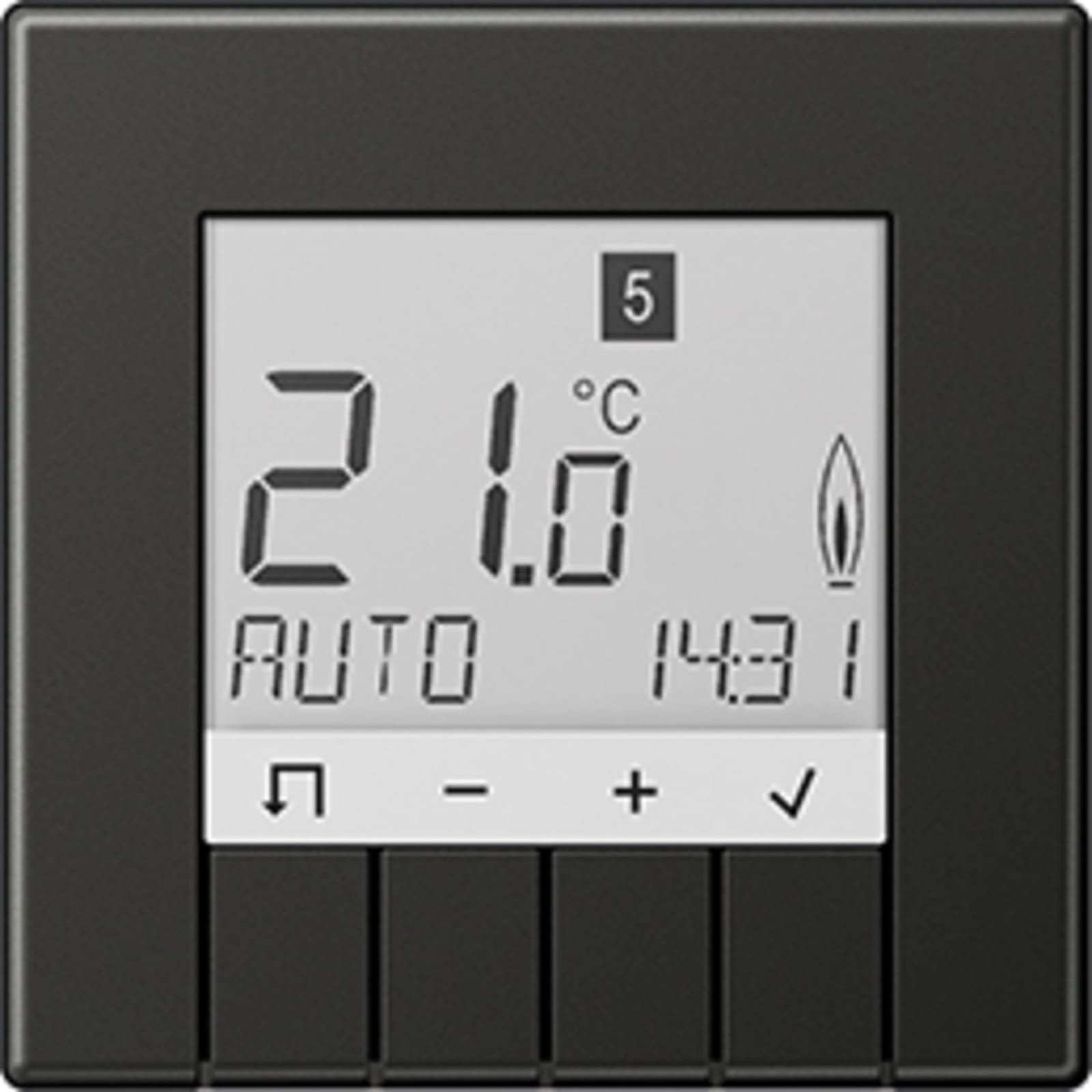 Jung LS-Range ruimtethermostaat, inbouw, 2-draads, 0.01A, 230VAC, uitgangen verwarming: 1, met display, hxb 70x70mm, antraciet