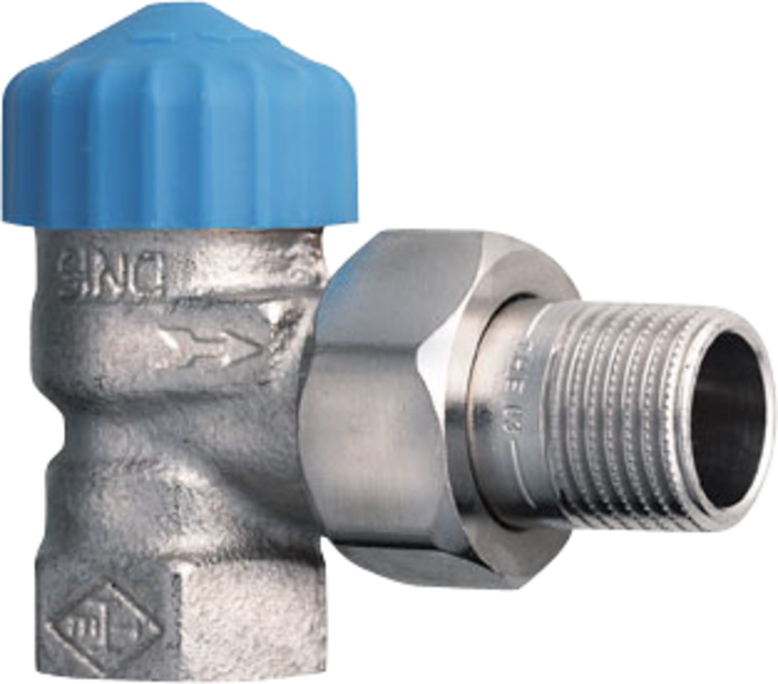 Heimeier thermostatische radiatorkraan met vaste Kv waarde 1/2" Haaks. T.b.v. M30 kop. Met bijzonder lage weerstand