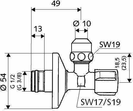 Schell, stopkraan, haaks, 1/2", 10mm, buitendraad, Kiwa met ASAG-easy, messing, chroom