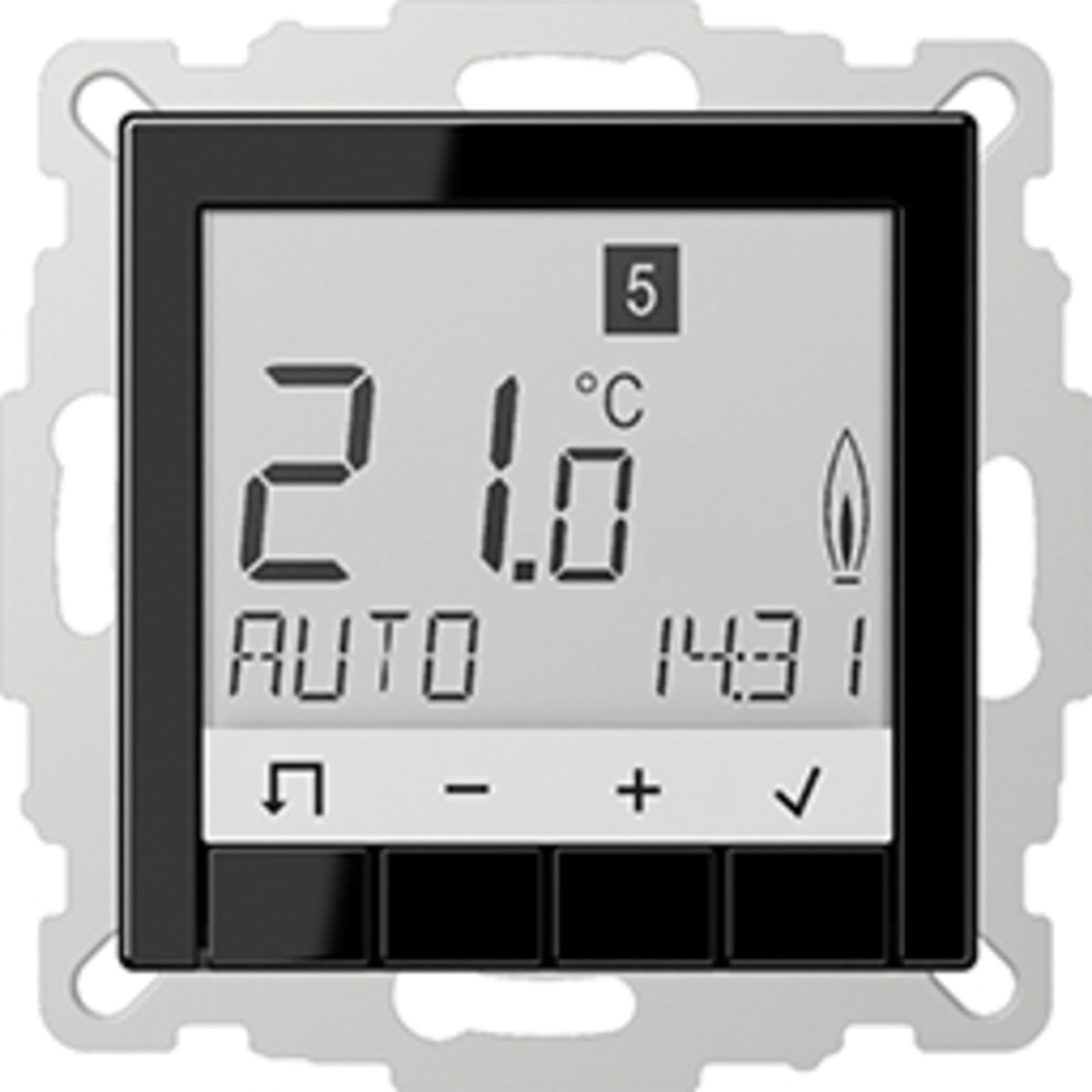 Jung A500 ruimtethermostaat, inbouw, 2-draads, 0.01A, 230VAC, uitgangen verwarming: 1, met display, hxb 55x55mm, zwart