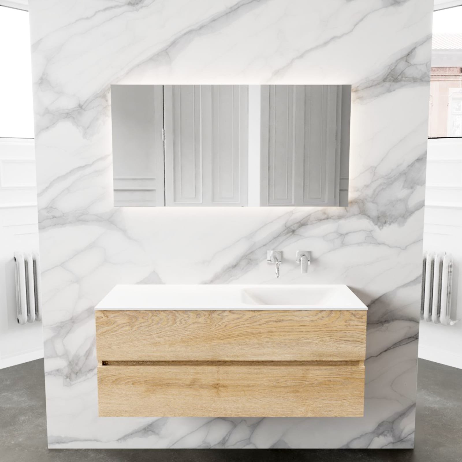 Blue Label Annika onderbouwkast, Solid Surface wastafel Cloud, rechts, 2x lade, 1200x500x450mm (BxHxD), hout gewassen eik