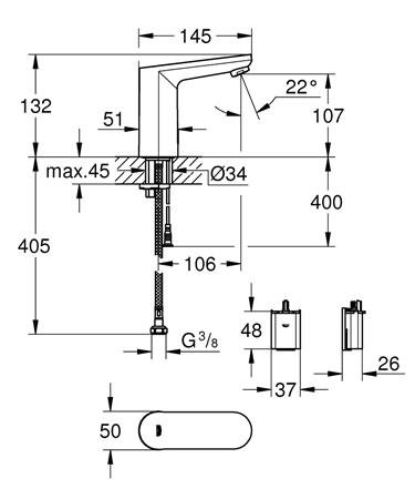 Grohe Eurosmart Cosmopolitan E Infrarood elektronische wastafelkraan 1/2" met verborgen menging m-size chroom
M-size
 chroom
