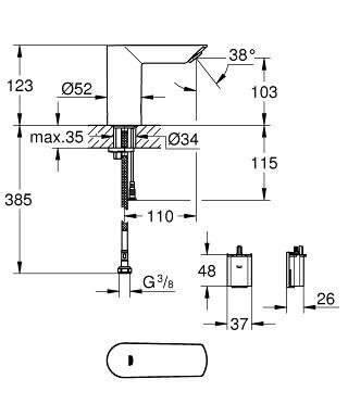 Grohe Bau Cosmopolitan E, elektronische wastafelkraan, contactloos, batterij, 3/8", messing, uitloop 110mm, chroom-look (glans)