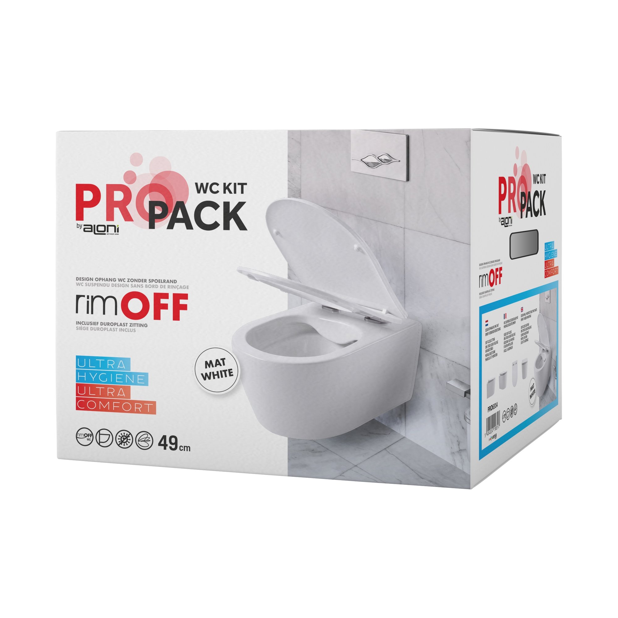 ALONI PRO HANGTOILET - RANDLOOS - MET ZITTING - DUROPLAST - SOFT CLOSE - QUICK RELEASE - COMPACT 49 CM - 36X25X49 CM - MAT WIT